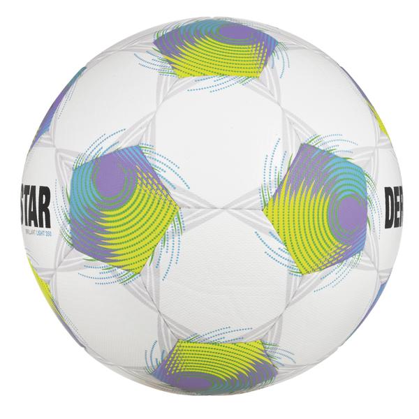 Weißer DERBYSTAR Brillant Light 350 Fußball mit lila-gelb-türkisem Spiraldesign und strukturierter Oberfläche seitliche Ansicht