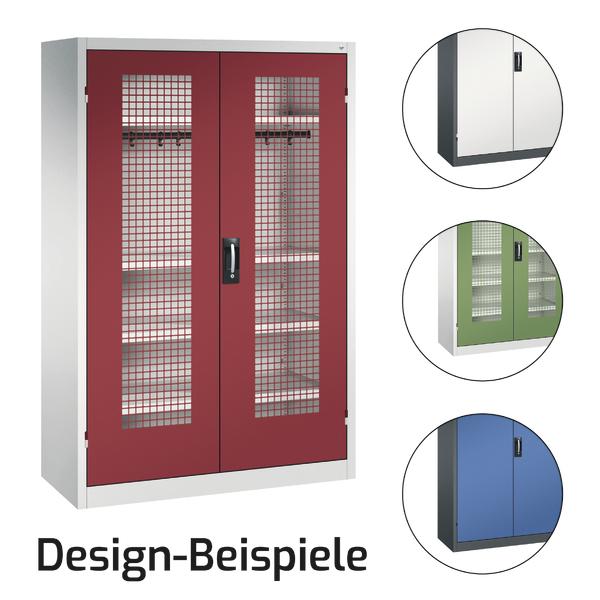 Metall-Schrank mit Gittertüren und Innenregalen für Werkstatt oder Büro  in verschiedenen Farben