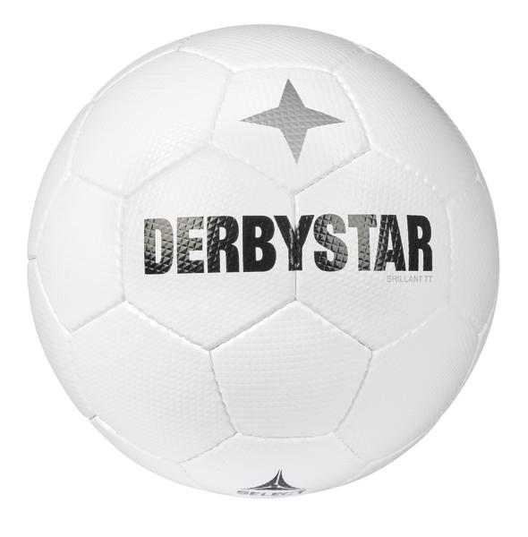 Weißer Derbystar Fußball mit schwarzem Schriftzug und grauem Stern-Logo, Nahaufnahme.