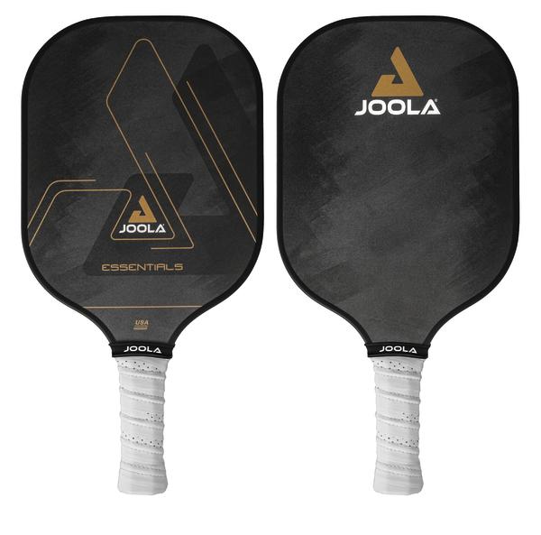Rück- und Vorderseite eines schwarzen JOOLA Essentials Pickleball-Schlägers mit weißem Griff.