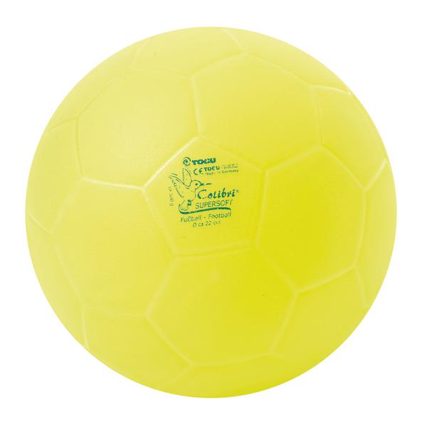 Gelber Soft-Fußball mit sechseckigen Mustern, ideal für Kinder und Indoor-Spiele.