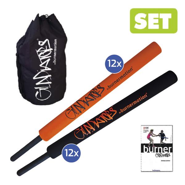 Orangefarbener und schwarzer Schläger mit je "12x" blauen Buttons, dazu dunkelblaue Aufbewahrungstasche und Buch mit grünem "SET" Button.