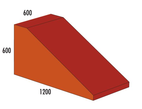3D-Darstellung einer Rampe mit den Maßen 600x600x1200 Millimeter in Rot- und Orangetönen.