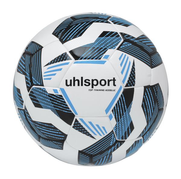 Weißer Uhlsport Fußball Top Training Addglue mit blau-schwarzem Design vor weißem Hintergrund.