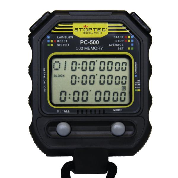 Digitale Stoppuhr Stoptec PC-500 mit LCD-Display und Speicherfunktion vor weißem Hintergrund.