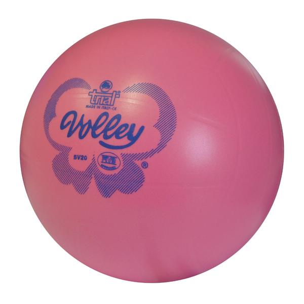 Pinker Volleyball mit blauem Logo und Schriftzug "Volley" auf weißem Hintergrund.