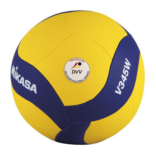Gelb-blauer Mikasa Volleyball V345W mit DVV-Prüfzeichen, ideal für Volleyballspiele.