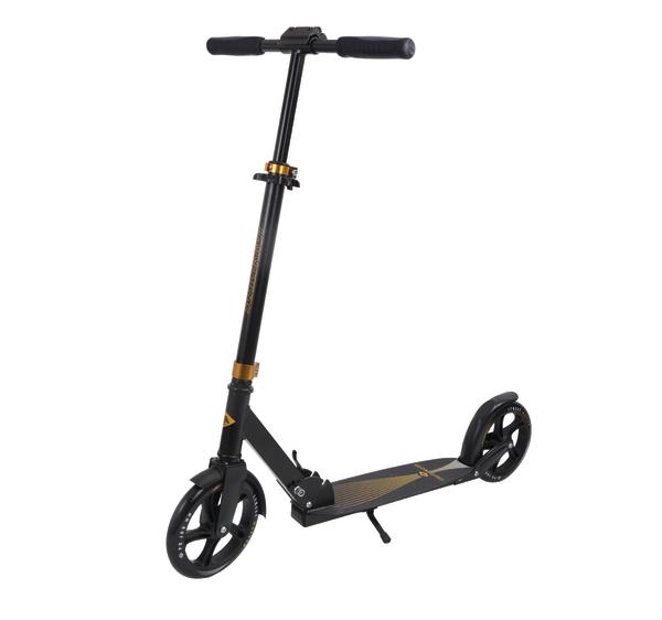 Schwarzer City-Scooter mit großen Rädern und verstellbarem Lenker, klappbar und leicht.