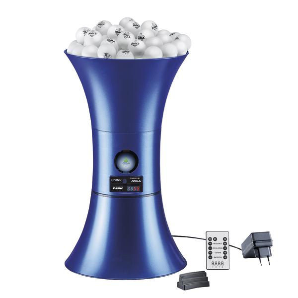 Elektronischer Tischtennisballwurfmaschine mit Fernbedienung und Netzteil, blau.