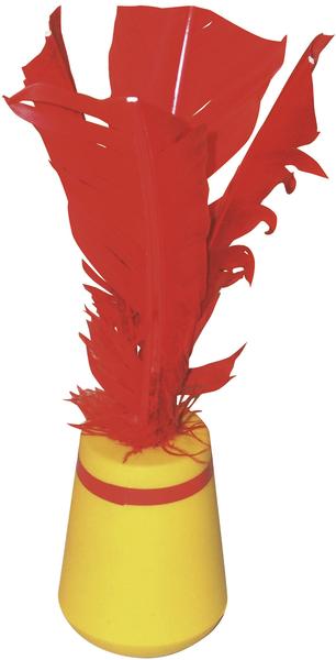 Gelber Federball mit roten Federn, traditionelles asiatisches Spielgerät für Federballspiele.