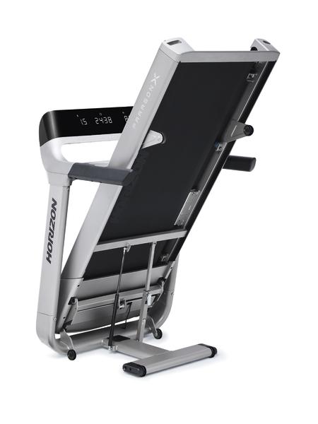 Klappbares Laufband Horizon Paragon X mit digitalem Display und stabiler Konstruktion, seitliche Ansicht.