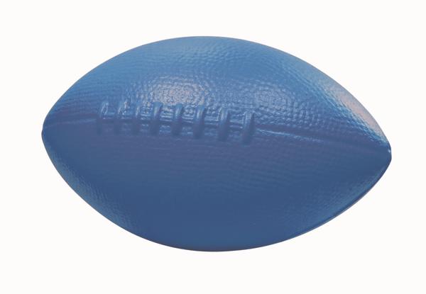 Blauer American Football aus Gummi mit Naht und Noppenstruktur, isoliert auf weißem Hintergrund.