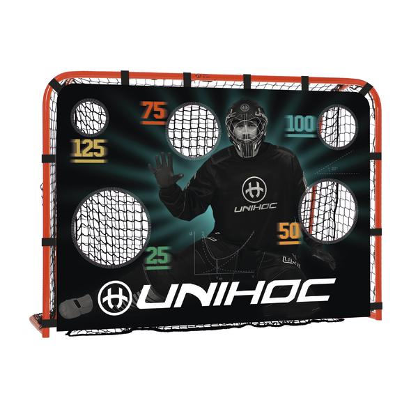 Unihoc Torwart-Trainingsnetz mit Zielscheiben und Punktzahlen für Floorball-Übungen.