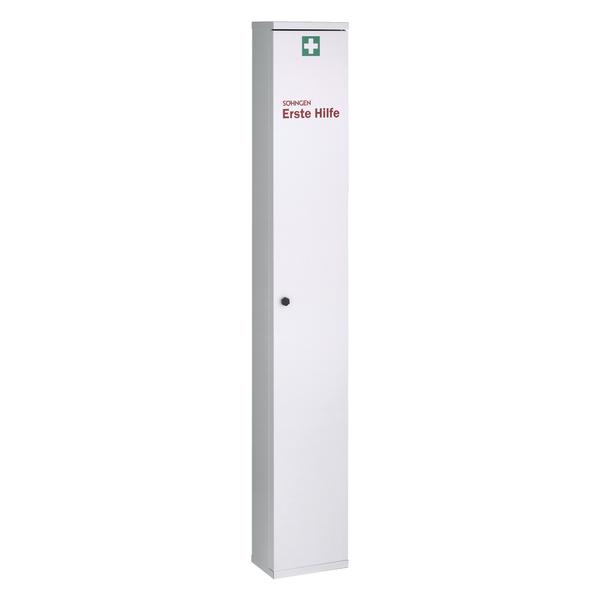 Erste-Hilfe-Schrank aus Metall mit grünem Kreuz und roter Aufschrift "Erste Hilfe" für Notfälle.
