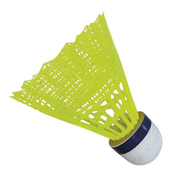 Neongelber Kunststoff-Badmintonball mit blauem Ring auf weißem Hintergrund.