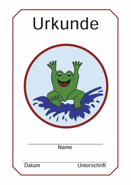 Urkunde mit fröhlichem Frosch-Illustration und Feldern für Name, Datum und Unterschrift.
