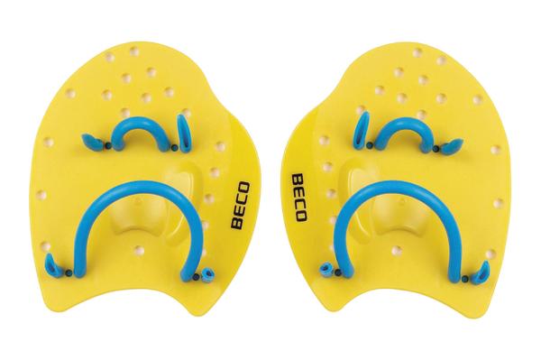 Gelbe Schwimmhilfen mit blauen Griffen für Kinder zum Schwimmtraining.