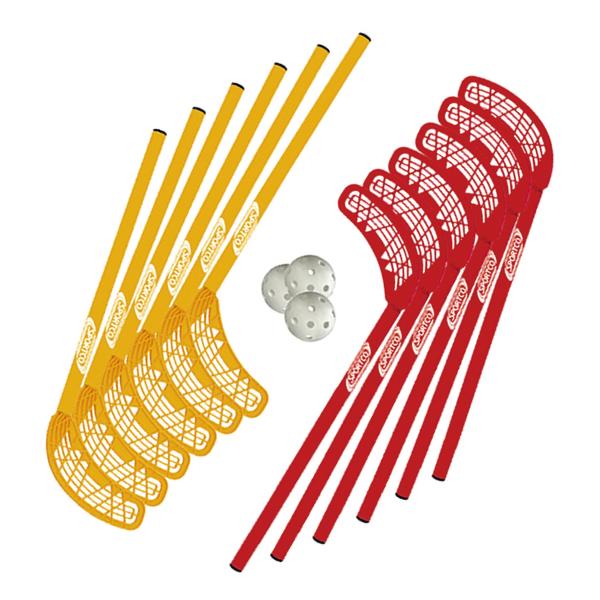 Set aus sechs gelben und sechs roten Floorball-Schlägern mit drei weißen Floorball-Bällen.
