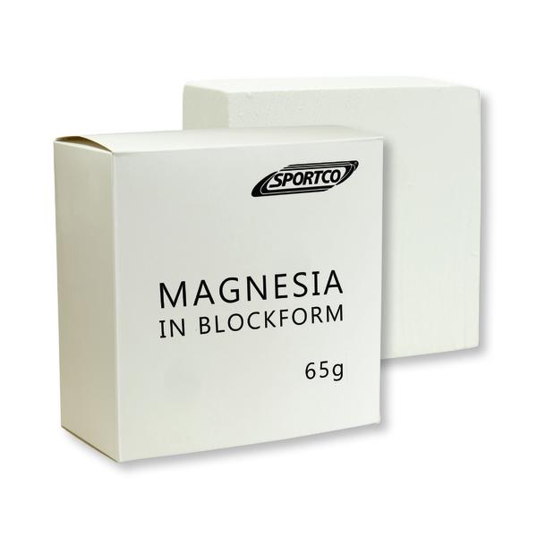 Weißer Magnesia-Block in Verpackung von Sportco, 65g für Klettersport und Gymnastik.