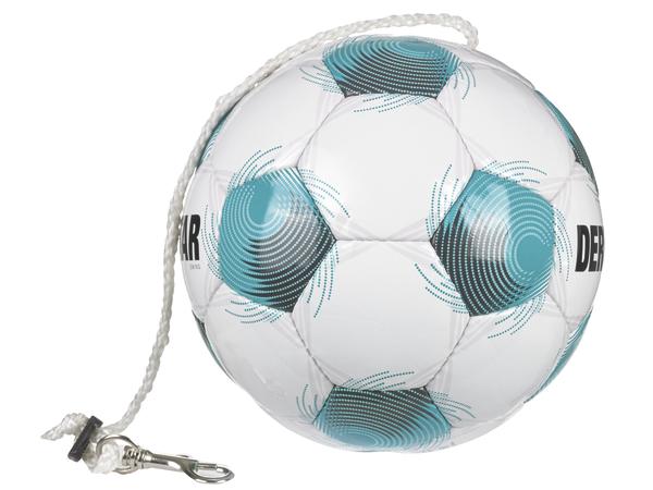 Weiß-türkiser DERBYSTAR Swing Fußball mit Spiraldesign und Befestigungsschnur für Techniktraining und Einzelübungen Seitenansicht