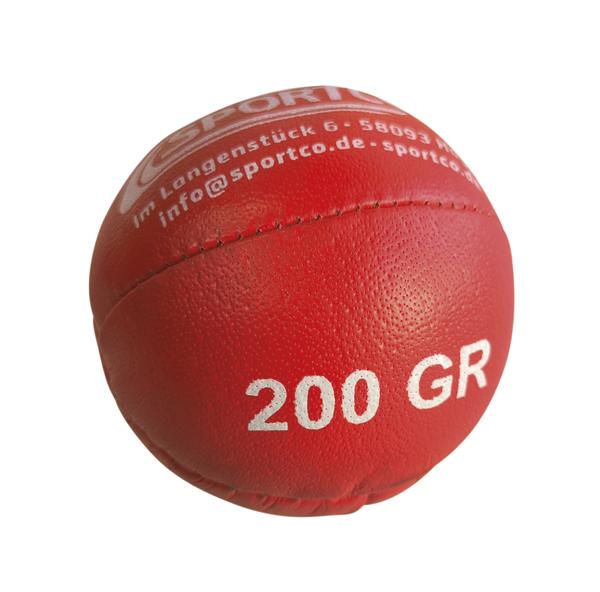 Roter Sportco-Lederball mit der Aufschrift "200 GR" vor weißem Hintergrund.