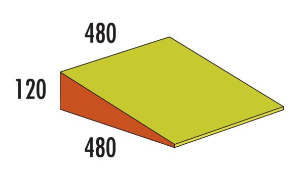 Dreieckige Rampe mit den Maßen 480 x 480 x 120, farblich in Gelb und Orange dargestellt.