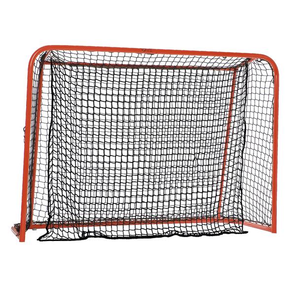 Eishockey-Tor mit rotem Rahmen und schwarzem Netz, freigestellt auf weißem Hintergrund.