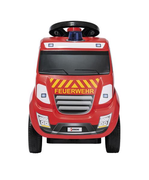 Rotes Kinderfahrzeug in Feuerwehr-Design mit Lenkrad und Blaulicht, Frontansicht.