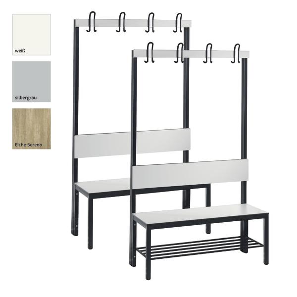 Garderobenbank mit Metallrahmen, Sitzfläche und Rückenlehne in Weiß, mit Haken und Schuhablage.