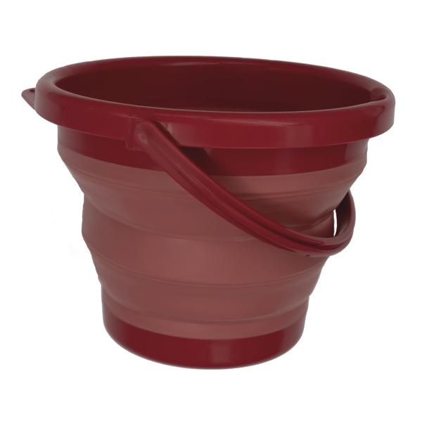 Faltbarer roter Eimer aus Kunststoff mit Henkel, platzsparend und vielseitig einsetzbar.