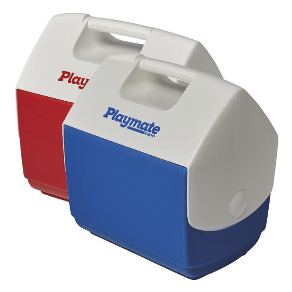 Roter und blauer Playmate Igloo Kühlboxen mit Tragegriff.