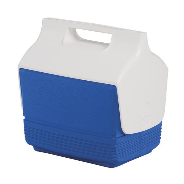 Kompakte blau-weiße tragbarer Kühlbox mit Griff.