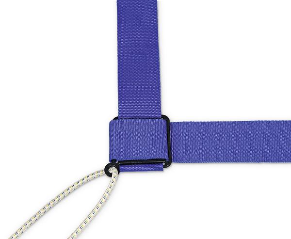 Blaues verstellbares Gurtband mit schwarzem Kunststoffverschluss und weißem Seilzug.