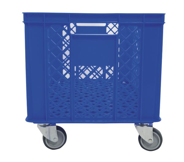 Blauer Kunststoff-Transportwagen mit Gitterstruktur und vier Lenkrollen für einfache Mobilität.