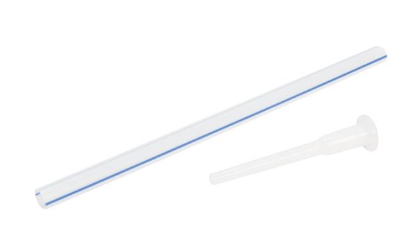 Transparenter Blasröhrchen mit blauer Linie und passenden Ventil auf weißem Hintergrund.