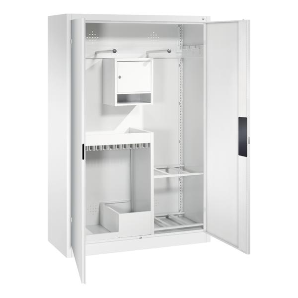 Weißer Metall-Werkzeugschrank mit offenen Türen und verschiedenen Fächern zur Aufbewahrung.