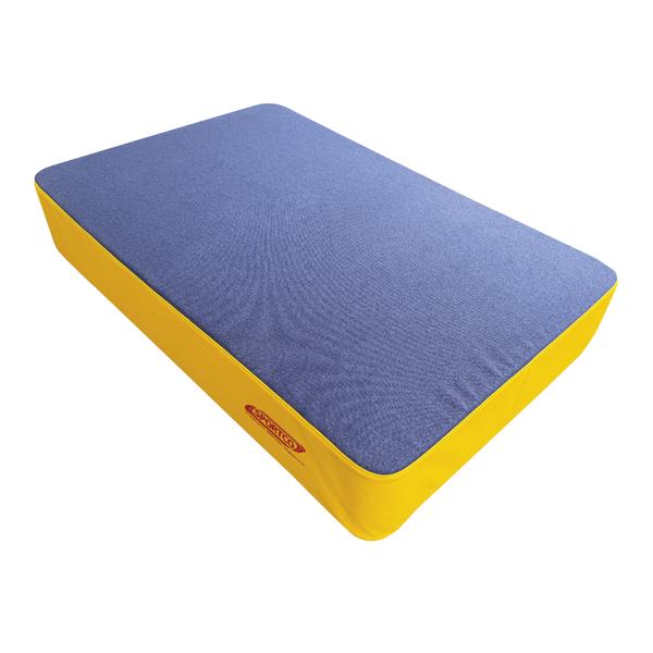 Weiche Turn- oder Fallschutzmatte mit blauer Liegefläche und gelbem Rand, geeignet für Sport und Bewegungsübungen.