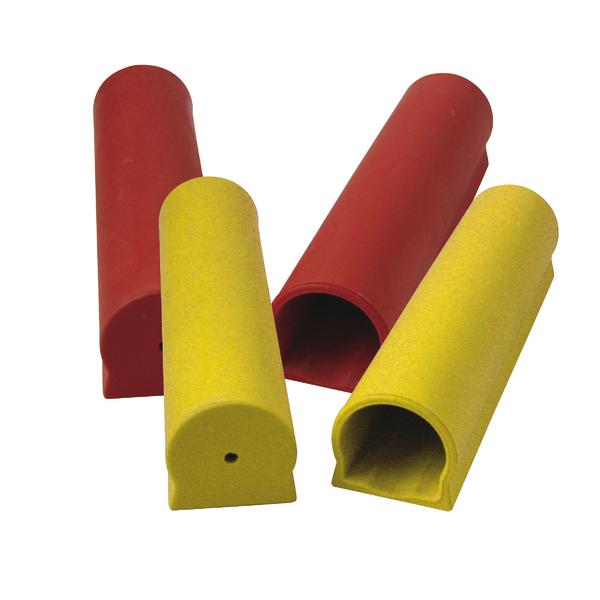 Rote und gelbe Auflageende aus Kunststoff, halbkreisförmig.