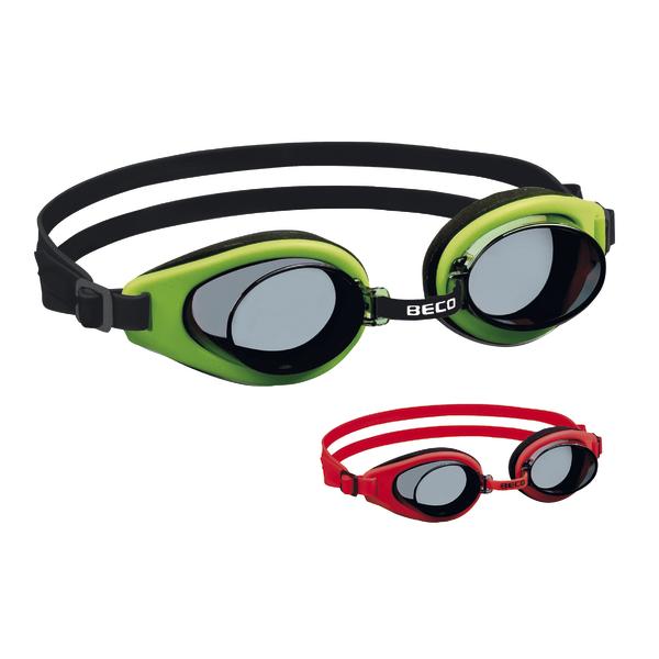 Schwimmbrillen in Grün und Rot mit verstellbarem Doppelband für Wassersport und Schwimmen.