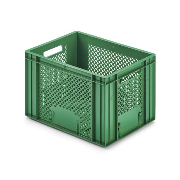 Grüne Kunststoff-Aufbewahrungsbox für sichere Lagerung vor weißem Hintergrund.