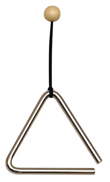 Metall-Triangle mit Holzschlägel zum Musizieren, hängend an schwarzem Band.