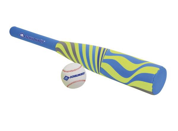 Baseballschläger und Ball aus Schaumstoff in Blau und Grün, Spielzeug für Kinder.
