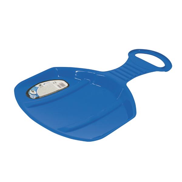 Blauer Kunststoff-Schlitten mit Griff für Kinder zum Rodeln im Schnee.