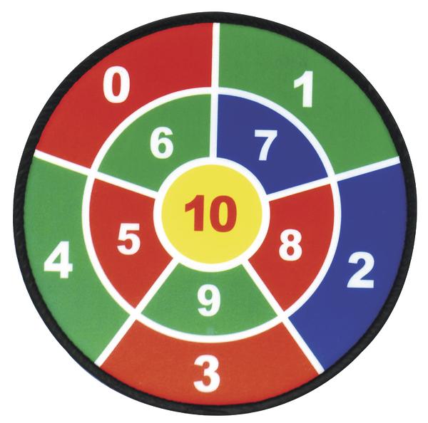 Dartscheibe mit bunten Zahlenfeldern von 0 bis 10, farblich rot, grün, blau und gelb.