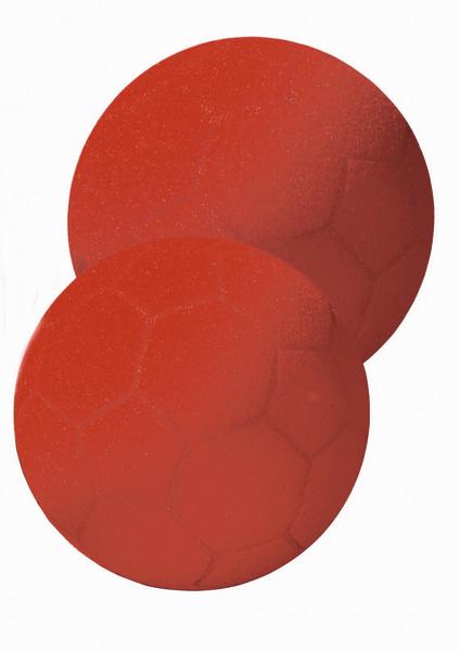 Zwei rote Handbälle mit strukturierter Oberfläche auf weißem Hintergrund.