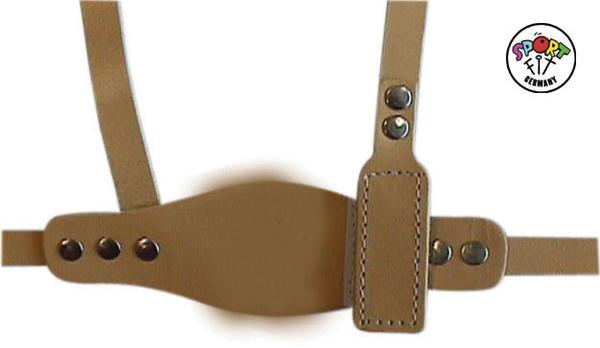 Braune Pferdeleine mit verstellbaren Riemen und Metallknöpfen für Kinder, Sport Fit Germany Logo.