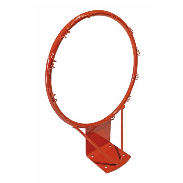 Basketballring aus Stahl in Rot mit Netzaufhängungen und Montageplatte.