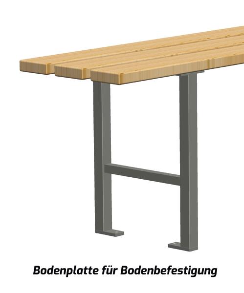 Umkleidebank mit Metallgestell und Bodenplatte zur Bodenbefestigung, stabil und langlebig.