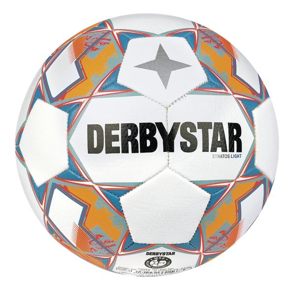 Weißer Derbystar Fußball mit orange-blauem Sternmuster, Modell Stratos Light.