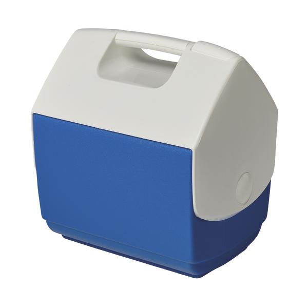 Kompakte blaue und weiße Kühlbox mit Tragegriff für unterwegs und Picknick.